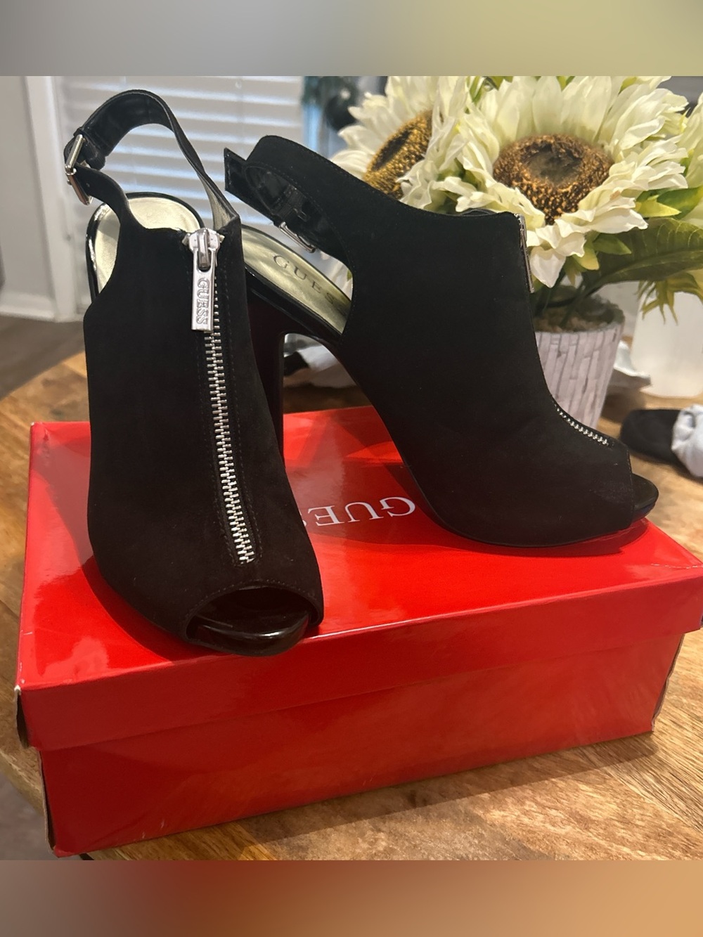GUESS Black Suede Peep-Toe Zipper Slingback Heels